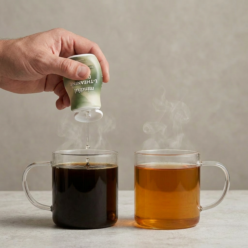 Mindful Drops liquid L-theanine being added to a cup of hot coffee, with hot tea shown alongside as another beverage option.