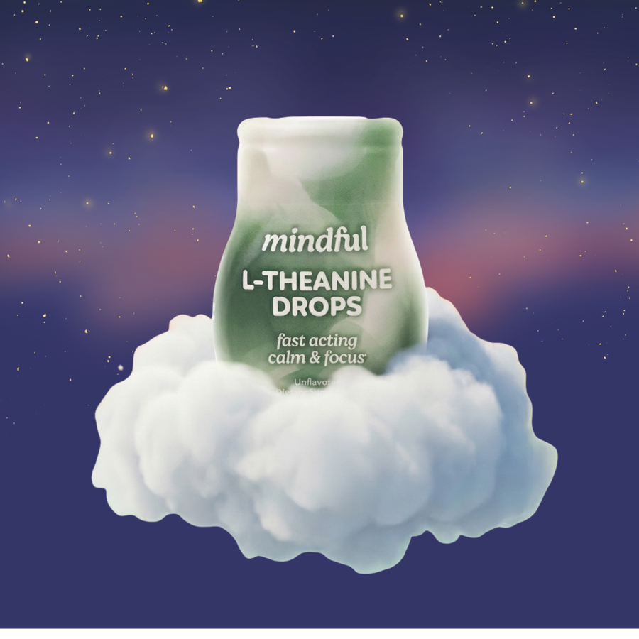 Bottle of Mindful Drops liquid L-theanine resting on a cloud against a starry night sky, representing calm and relaxation.