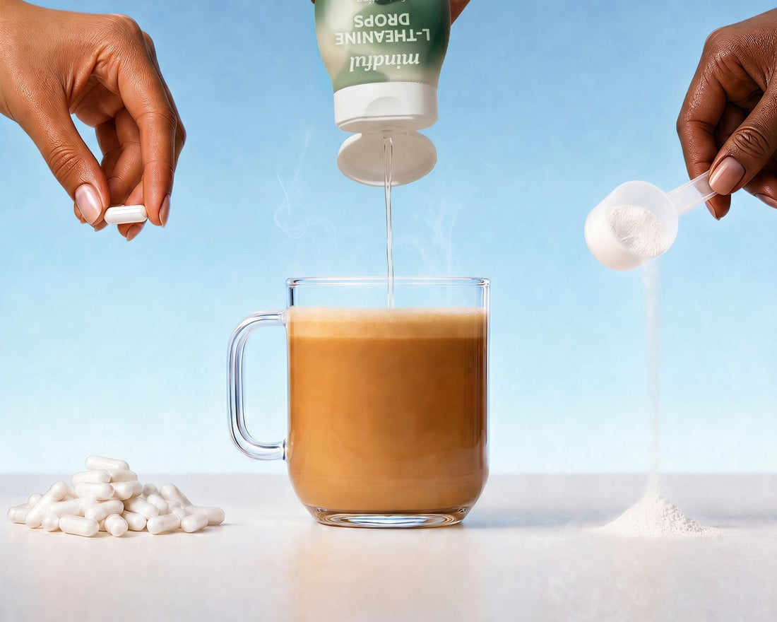 Mindful Drops liquid L-theanine being added to coffee alongside capsule and powder supplements, comparing different supplement formats.