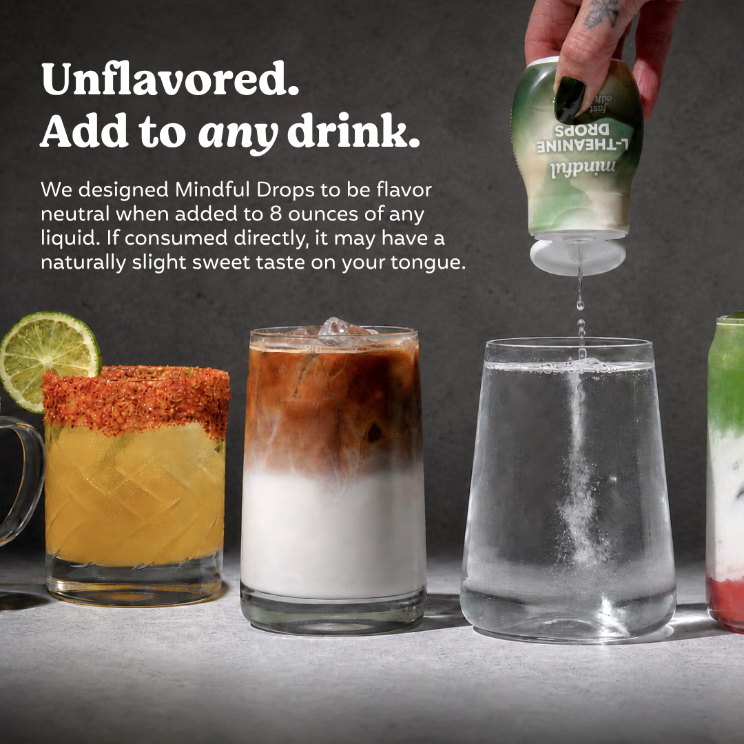 Mindful Drops liquid L-theanine being added to sparkling water alongside various beverages.